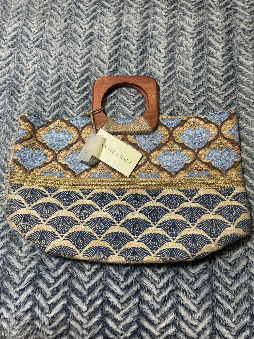 Antik Kraft Blue, Gold & Brown Patterned Women's Jute Tote with Wooden Handles